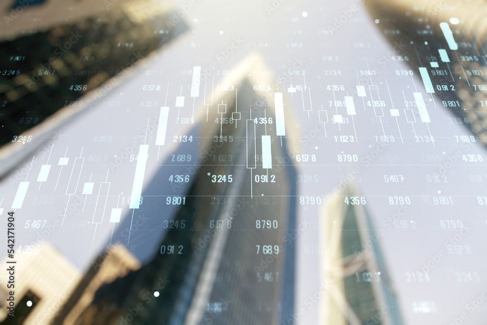 Poster abstract virtual analytics data spreadsheet on modern architecture background, analytics and analysi