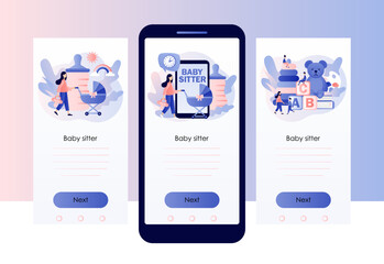 Babysitter service. Babysitting club. Nanny occupation. Childcare assistance. Family and nursery. Screen template for mobile, smartphone app. Modern flat cartoon style. Vector illustration
