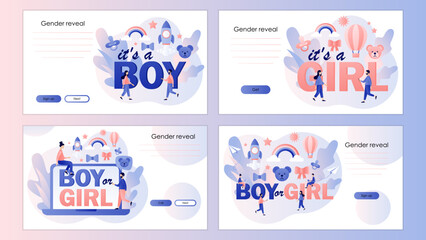 Gender reveal party. Baby shower celebration. Boy or Girl. Screen template for landing page, template, ui, web, mobile app, poster, banner, flyer. Vector illustration
