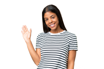Young African american woman over isolated background saluting with hand with happy expression