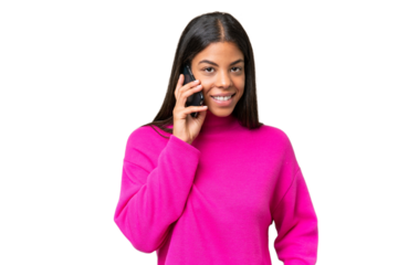 Young African American woman over isolated background keeping a conversation with the mobile phone with someone