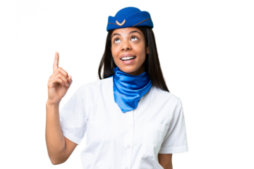 Airplane stewardess African american woman over isolated background pointing up and surprised