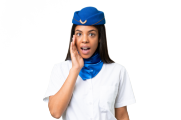 Airplane stewardess African american woman over isolated background with surprise and shocked facial expression