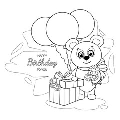 Coloring page. A cute bear, balloons, flowers and a gift box