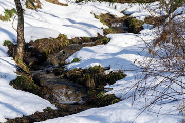 雪の里山・雪が積もった水辺の風景