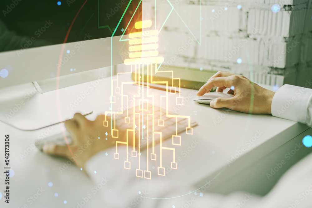 Aufkleber Creative idea concept with light bulb and microcircuit illustration and hands typing on laptop on background. Neural networks and machine learning concept. Multiexposure