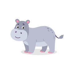 Little hippo in doodle style isolated on white. Kids Illustration in flat style. Hand drawn little hippo vector illustration. Cartoon hippopotamus vector print.
