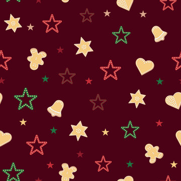Christmas gingerbread and stars seamless pattern. Prints, packaging template, wrapping paper, textiles and wallpapers.