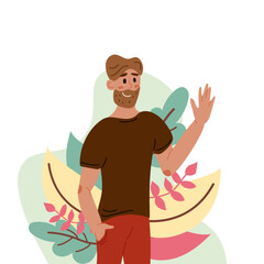Smiling guy saying hello and waving with hand. Colored flat vector illustration