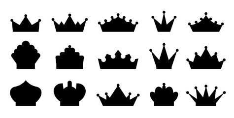 Crown black heraldic silhouette set. King award crowns emperor sign. Kingdom luxury monarch element. Queen power isolated emblem. Royal princess heraldic symbol. Prince lord vintage medieval icon