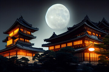 Mysterious temple in the darkest night with moon. Digital artwork, fantasy artwork.