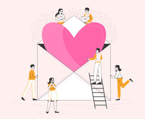Love letter, sharing love, Valentines day concept. People sending letter, romantic love sharing, Valentines day post flat vector illustration. Characters sending love letter.