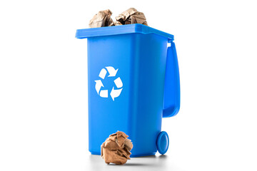 Recycled paper. Blue dustbin for recycle plastic and glass can t
