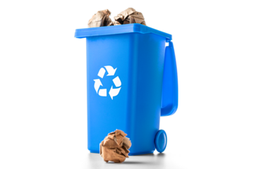 Recycled paper. Blue dustbin for recycle plastic and glass can t