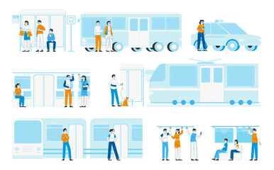Bus stop, taxi, tram busy public transport passengers. People travel on urban city transport, metro train and car sharing passenger flat vector illustration set. City transportation infrastructure