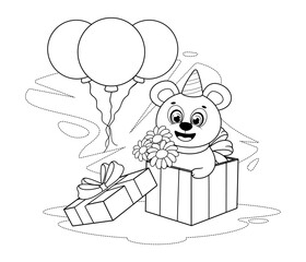 Coloring page. Funny bear, flowers, balloons and a gift box