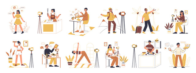 Online vloggers and bloggers, food, beauty and travel blogs. Flat internet content makers, social media photo and video creators flat symbols illustration set. Streaming bloggers collection
