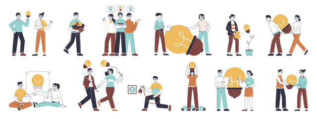 People with great ideas, business people searching idea. Flat creative brilliant ideas light bulb metaphor, great idea generating symbols illustration set. Business solutions scenes collection