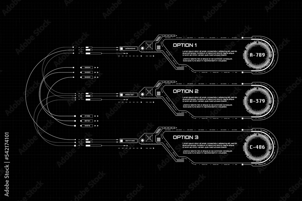 Aufkleber HUD futuristic digital callouts title communication screen frame template. Technology of three horizontal banner useful for ui, gui, web design and advertising vector.