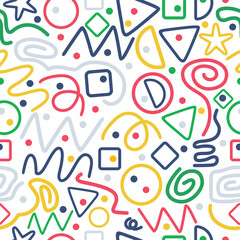 Colorful seamless pattern. Circles, serpentine, dots, squares, half circle, stars, stripes, wavy lines. Fun colorful line doodle shape background. White background. Abstraction.