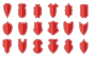 Shields red flat icon set. Different shapes guard security sign. Business strong safety symbol. Police badge template. Knight heraldic award medieval royal vintage military emblem. Virus protection