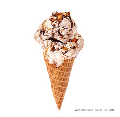 Watercolor illustration of ice cream cone isolated on white background. Full waffle cone with a scoop of vanilla ice cream with peanut butter and chocolate