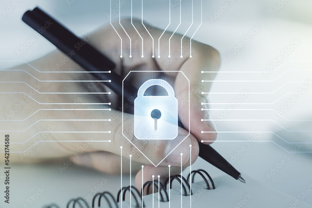 Poster creative lock illustration with microcircuit and man hand writing in diary on background, cyber secu