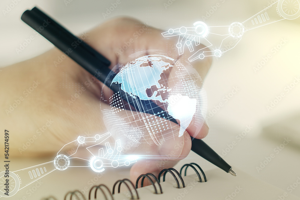 Aufkleber double exposure of robotics technology with world map hologram and man hand writing in notebook on b