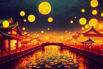 Fototapeta premium Fantasy artwork of Lanterns in the night city. Digital artwork.