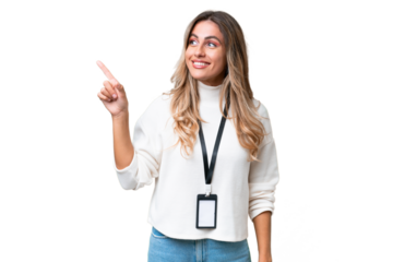 Young Uruguayan woman with ID card over isolated background intending to realizes the solution while lifting a finger up
