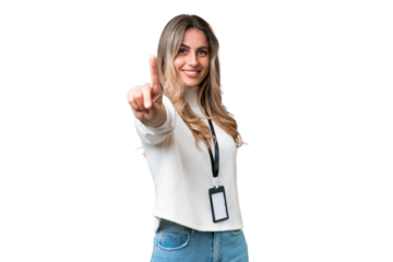 Young Uruguayan woman with ID card over isolated background showing and lifting a finger