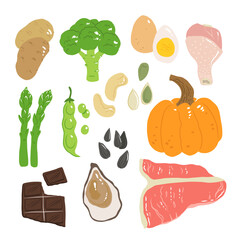 Zinc food sources vector stock illustration. Food products with a high content of zinc. Oysters, pumpkin seeds, sunflower seeds, eggs, asparagus, beef, chicken, cashew nuts. Information poster.