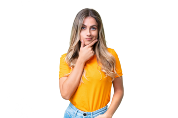 Young Uruguayan woman over isolated background thinking