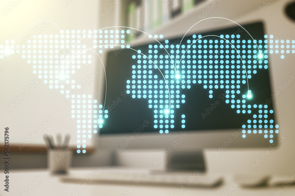 Aufkleber Abstract creative world map with connections and modern desktop with computer on background, international trading concept. Multiexposure