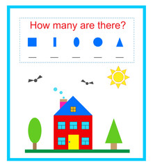 Math activity for children. How many geometric shapes? Developing numeracy skills. Vector illustration