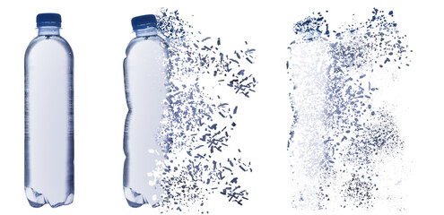 Set with bottles of water vanishing on white background. Decomposition of plastic pollution, banner design