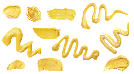 Set with spicy mustard on white background