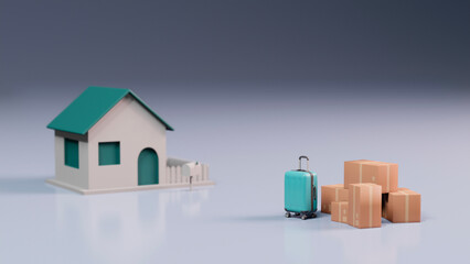 3d concept of mortgage lending, renting, buying and selling real estate. The suitcase and boxes are ready to be moved behind the house. Choosing a property to move. Delivery of things during the move.