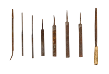 Collection of used file tools isolated on transparent background