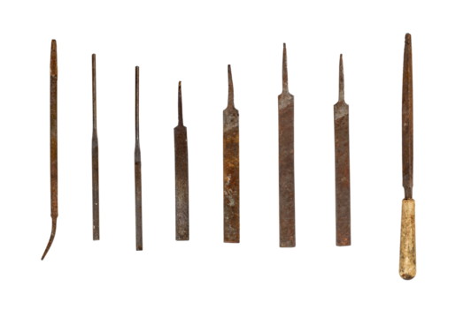 Collection of used file tools isolated on transparent background