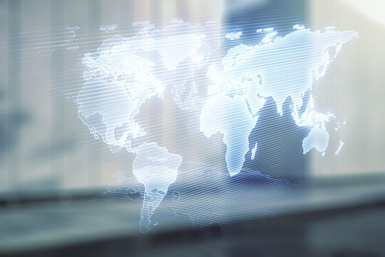 Multi exposure of abstract creative digital world map hologram on modern business center exterior background, research and analytics concept