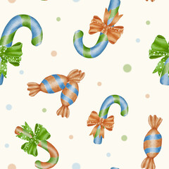 Candy And Lollipop Watercolor Seamless Pattern. Cute Hand Drawn Illustration of Lollipop with Bow. Design For Envelopes, Stationery and Greetings. Festive Christmas Design for Textiles.