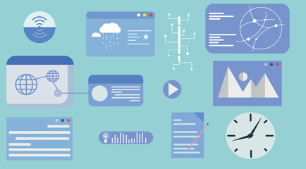 Icon pack seo project, website, social media icon. Freelance, design, content, marketing or presentation project on internet. Weather, digital, card, background icon.