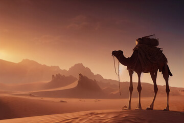 3d illustration of a lonely camel in the desert in Egypt at sunset - obrazy, fototapety, plakaty