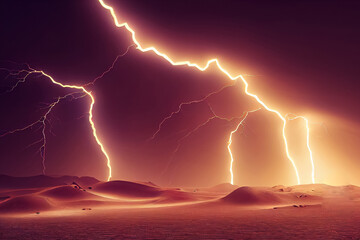 3d illustration of climate change in desert lightning storm with thunder - obrazy, fototapety, plakaty