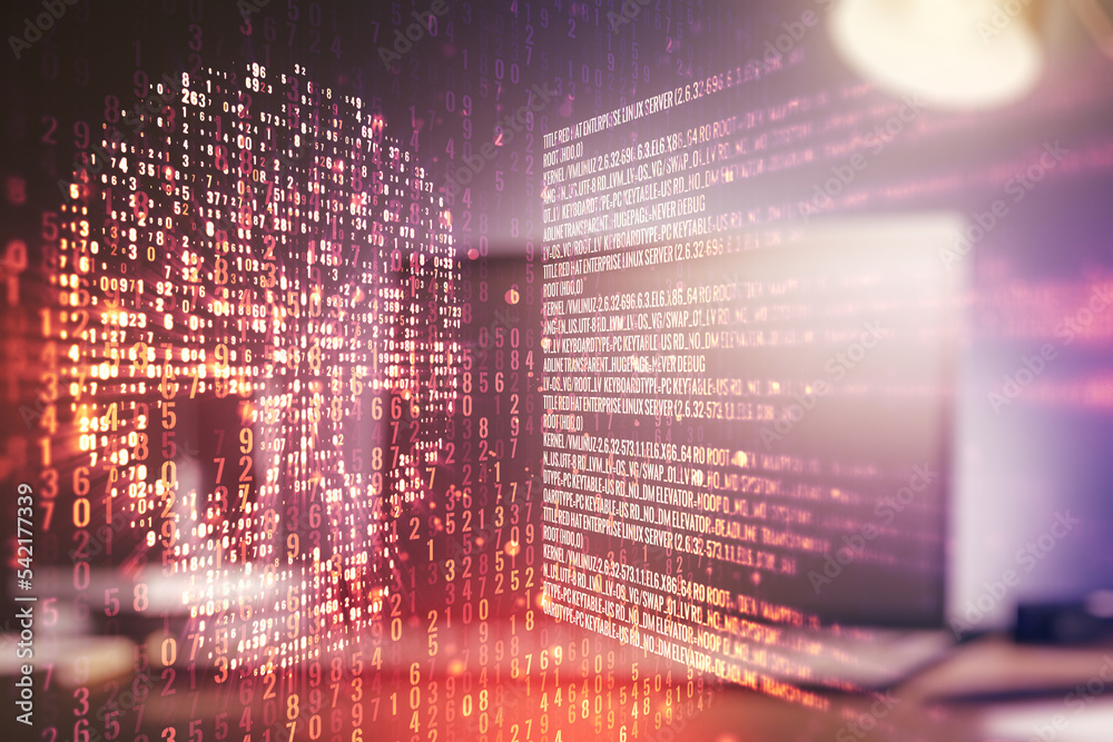Poster double exposure of creative code skull hologram on laptop background. malware and cyber crime concep