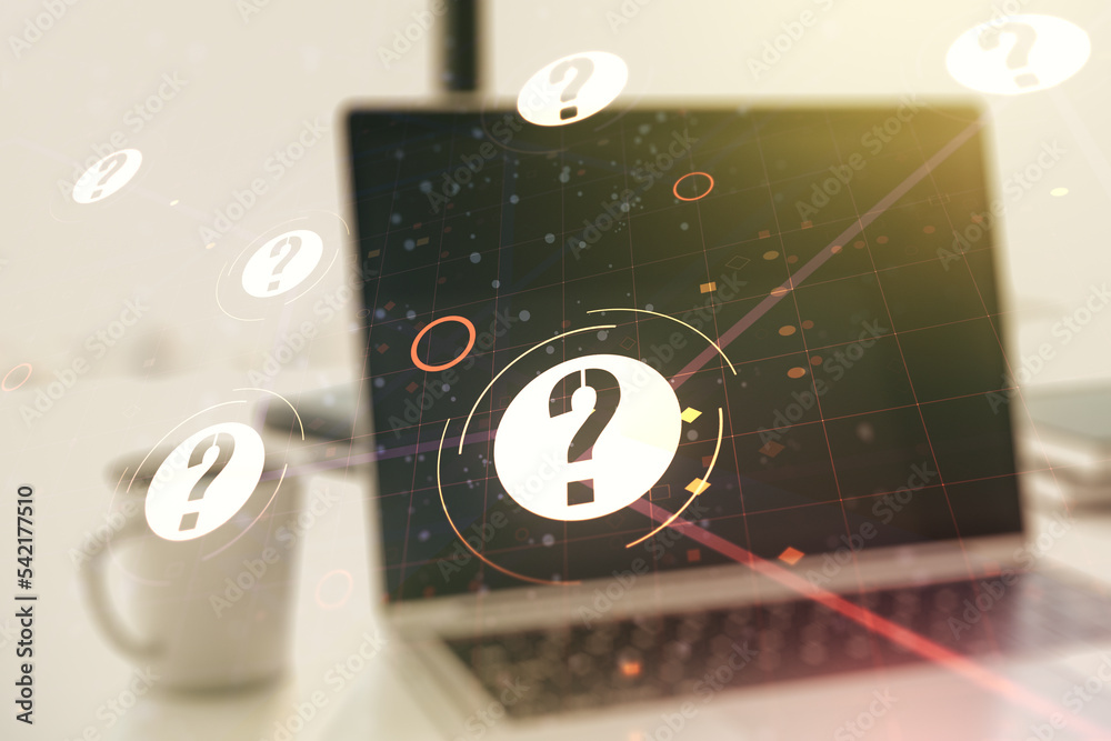 Aufkleber creative abstract question mark sketch on modern laptop background, faq and research concept. double