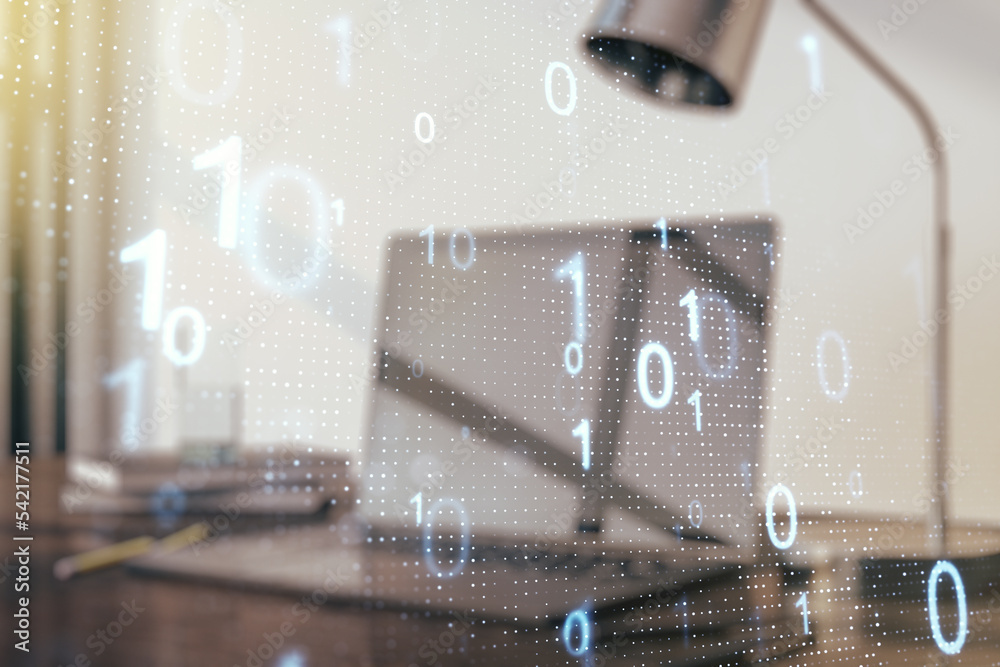 Poster creative concept of binary code illustration on modern laptop background. big data and coding concep