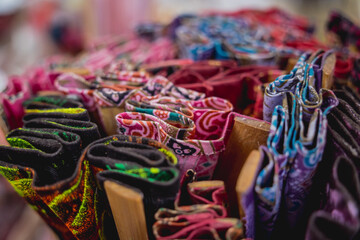 Old carpets rolled up rugs shop store