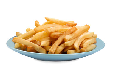 Plate of delicious french fries on white background